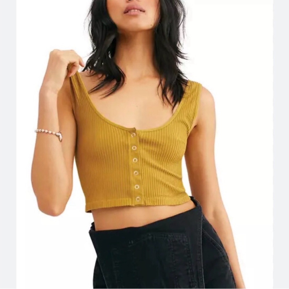 Free People Size M/L Ribbed Scoop Neck Mustard Crop Top with Snap Front